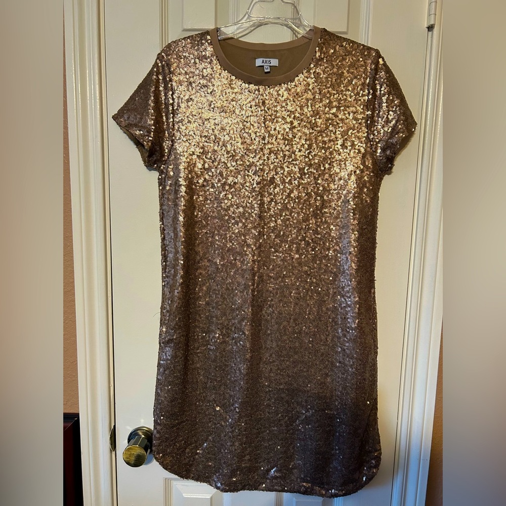 Axis Gold Sequin Scoop Neck Short Casual Dress with pockets